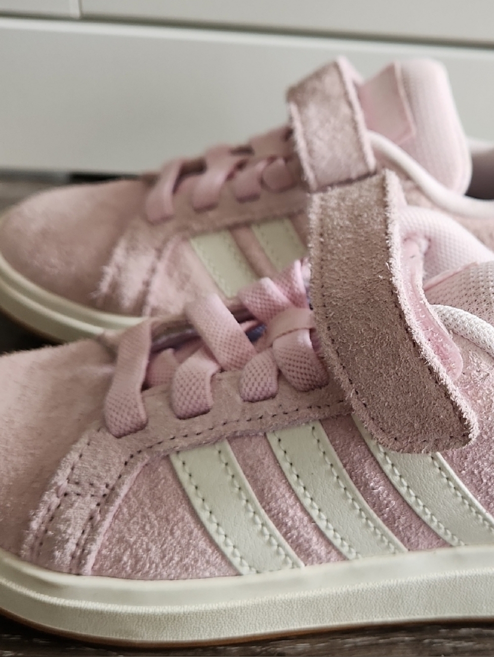 adidas Kids Pink Suede-Look Sneakers with White Stripes